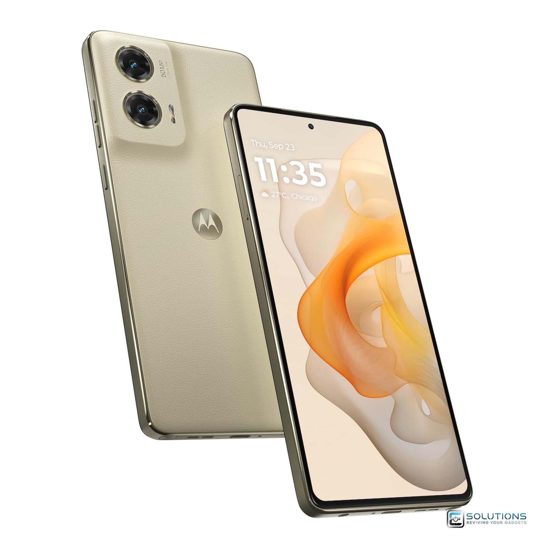 Motorola Moto G Stylus 2024 Caramel Latte — tilted perspective showing both front and back, unlocked, 128GB / 256GB