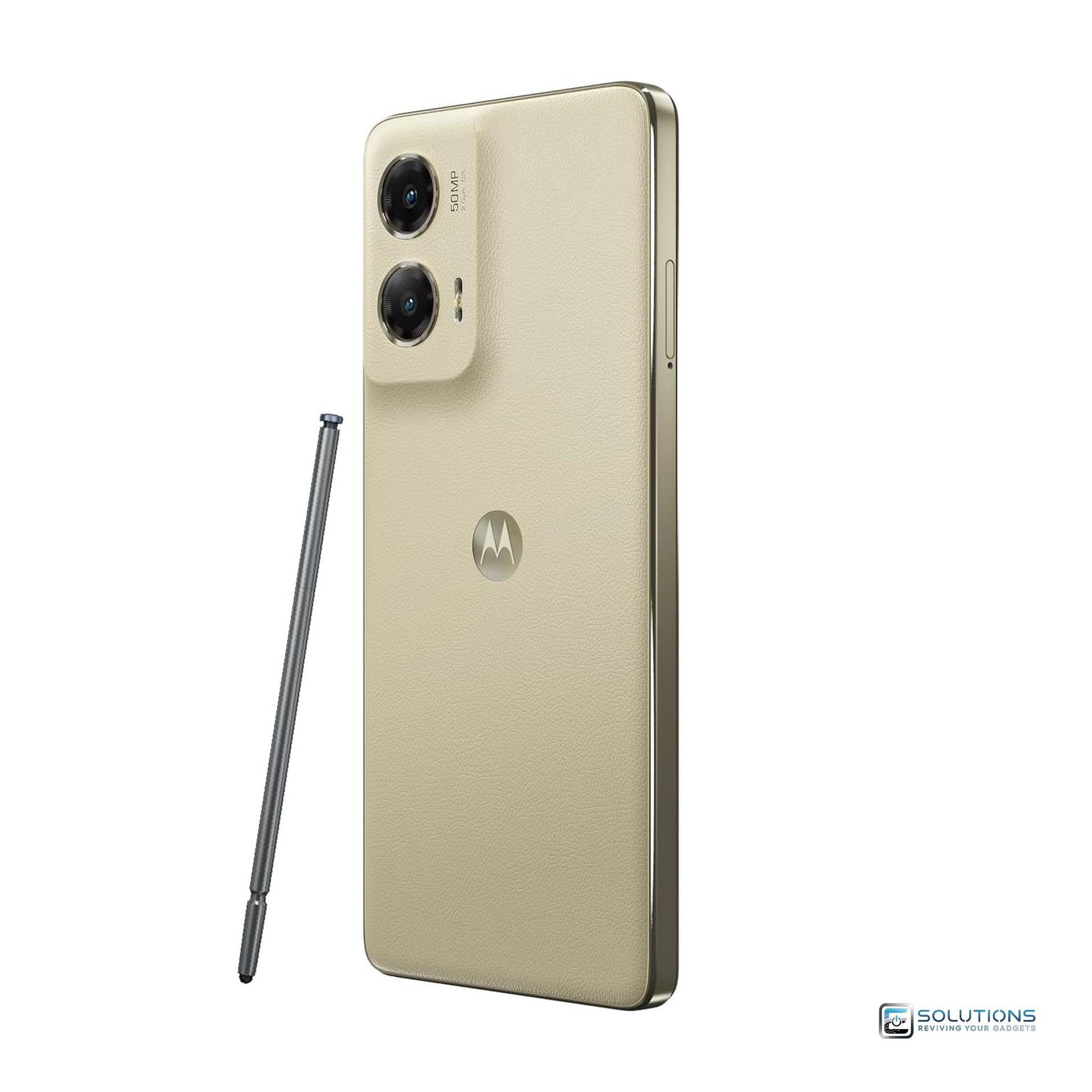 Motorola Moto G Stylus 2024 Caramel Latte — side tilted view highlighting slim stylus design, unlocked, 128GB / 256GB