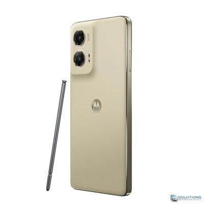 Motorola Moto G Stylus 2024 Caramel Latte — side tilted view highlighting slim stylus design, unlocked, 128GB / 256GB