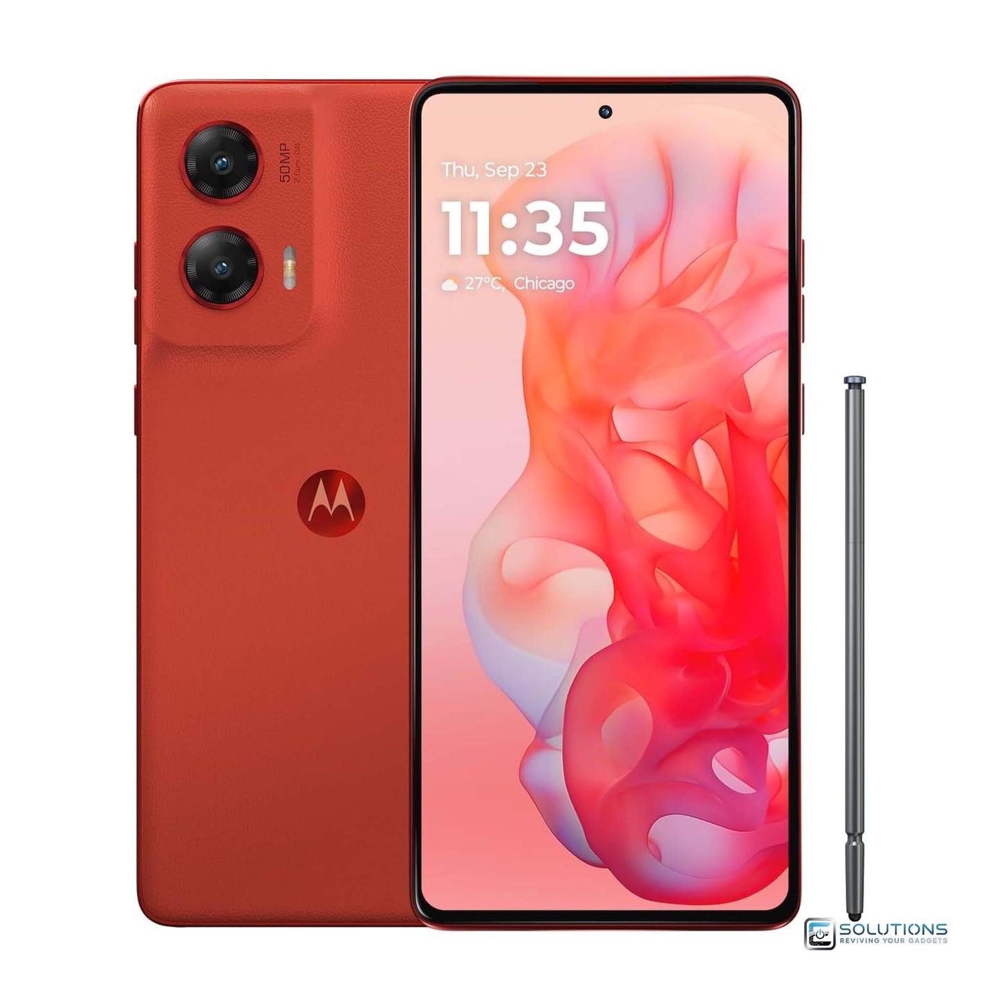 Motorola Moto G Stylus 2024 Scarlet Wave — front and back view of unlocked stylus phone, available with 128GB or 256GB storage