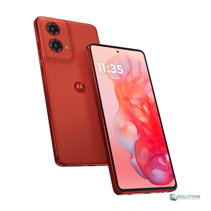Motorola Moto G Stylus 2024 Scarlet Wave — tilted angle showing both front and back, unlocked phone, 128GB / 256GB