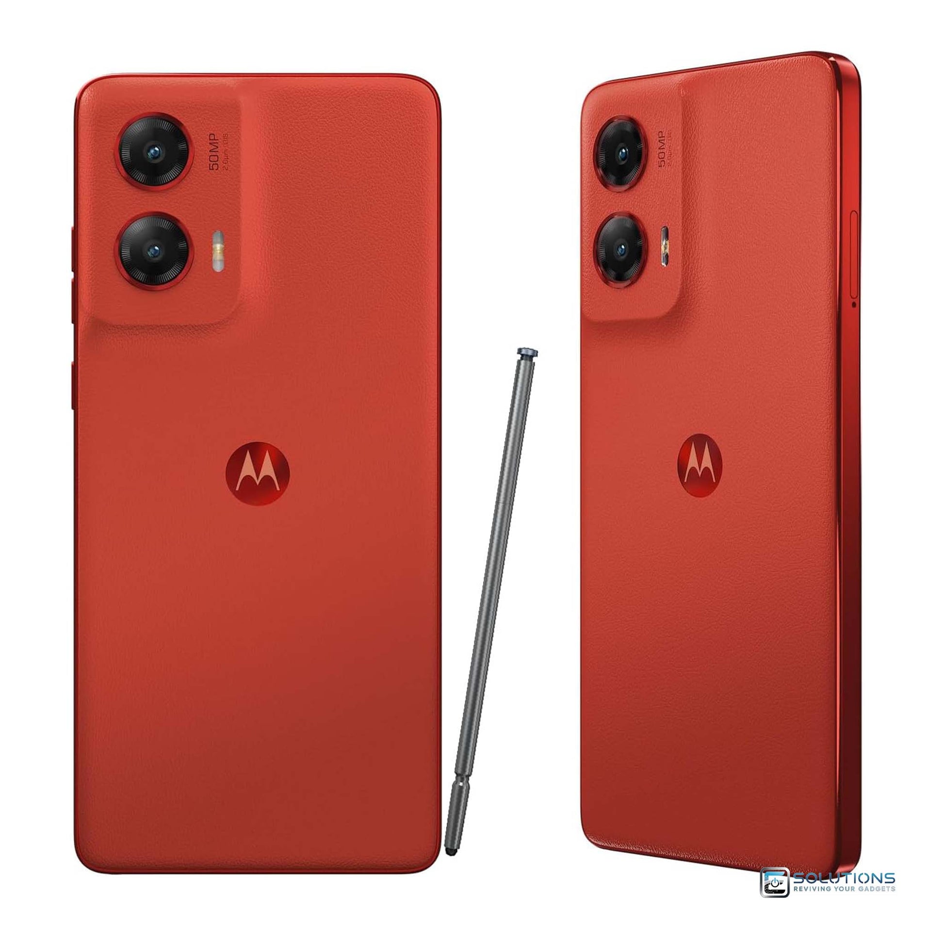 Motorola Moto G Stylus 2024 Scarlet Wave — back and side tilted angle highlighting slim fold and stylus design, unlocked, 128GB / 256GB