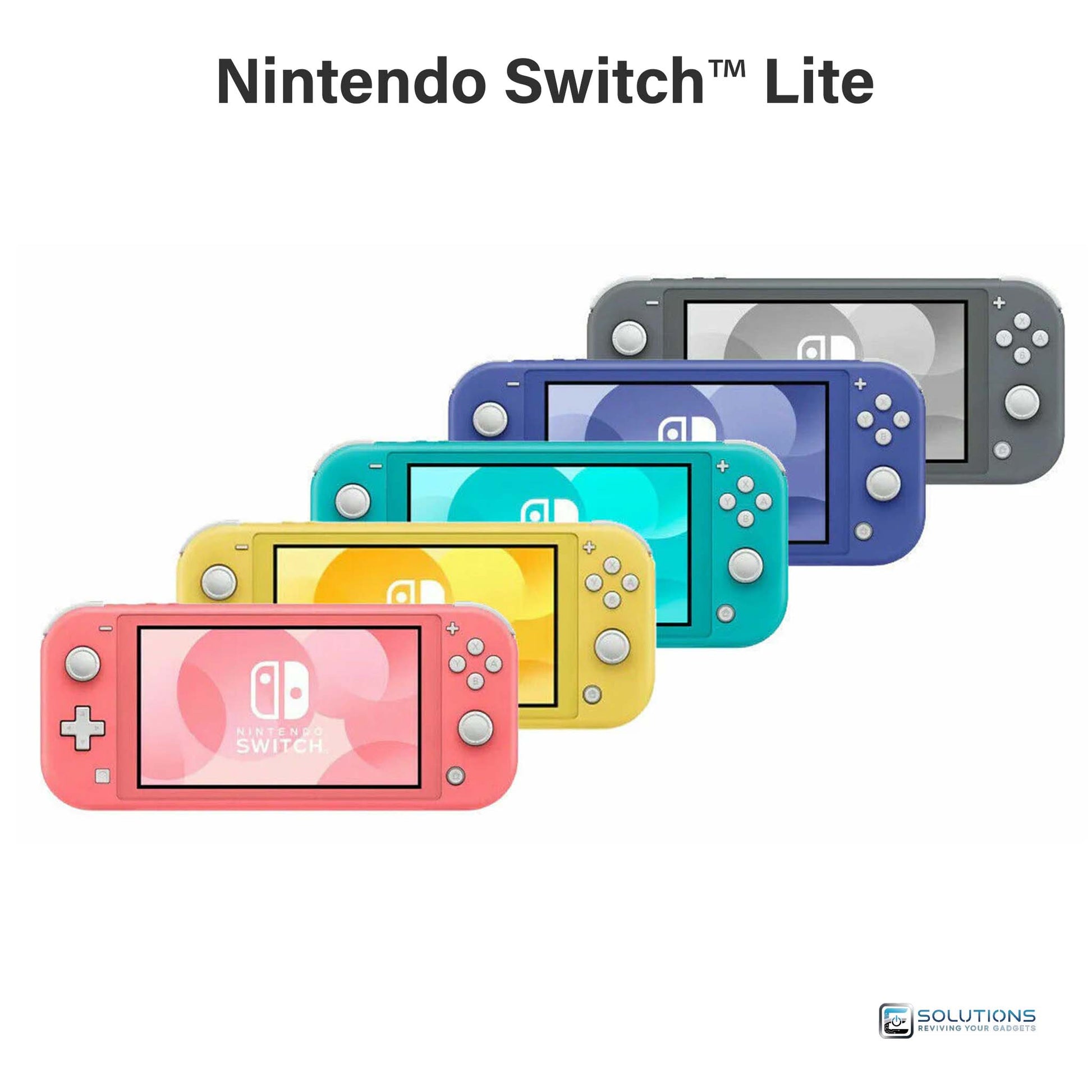 Nintendo Switch Lite lineup in Blue, Gray, Coral, Turquoise, and Yellow — handheld gaming consoles available for retail and wholesale
