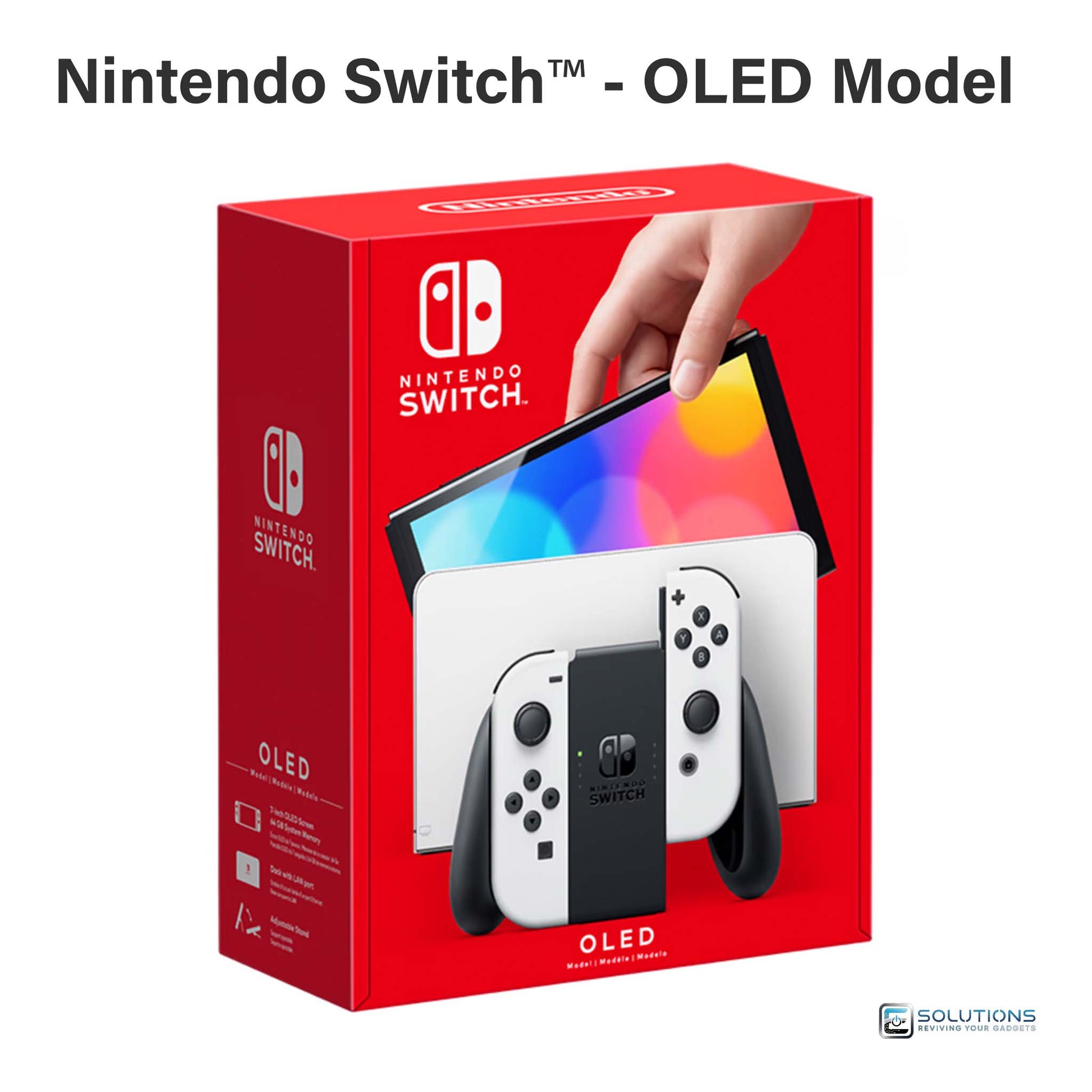 Nintendo Switch OLED — retail packaging box of the upgraded console, factory sealed for wholesale and retail distribution