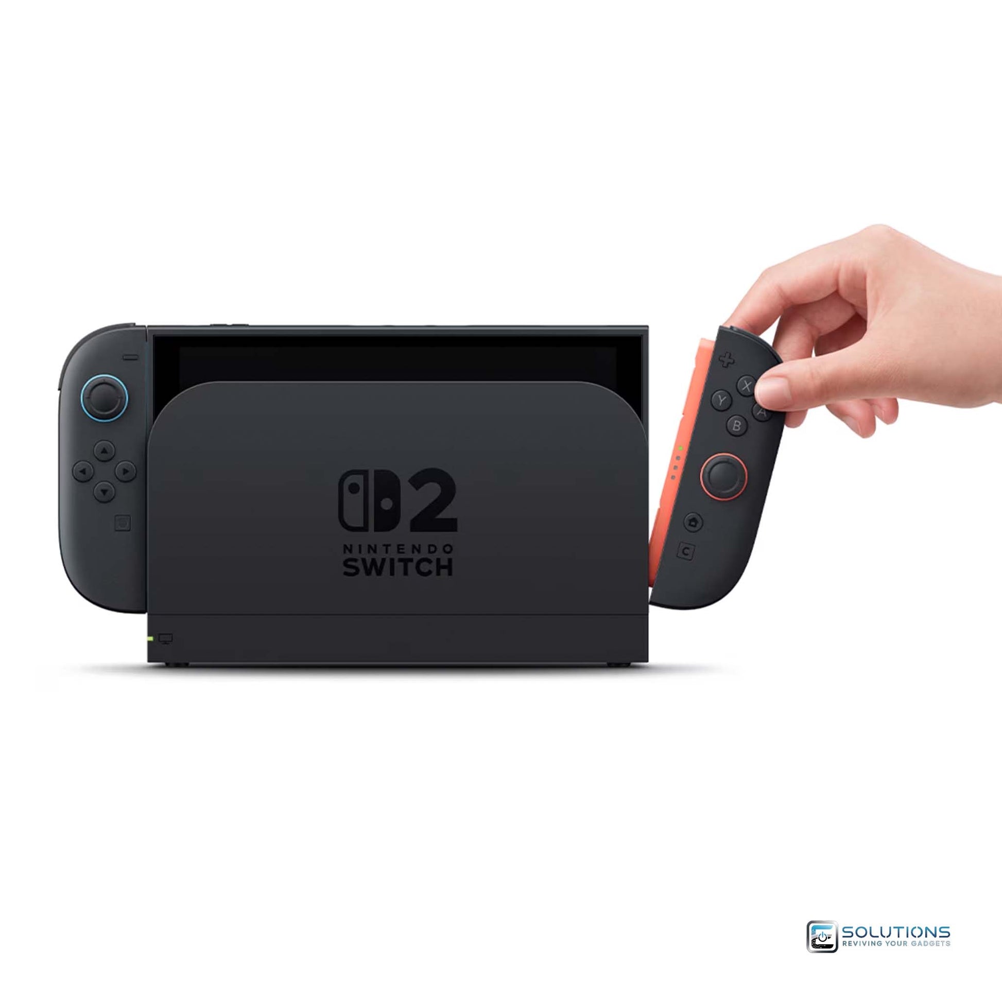 Nintendo Switch V2 — console charging in dock while a hand detaches Joy-Con controller, available for retail and wholesale customers