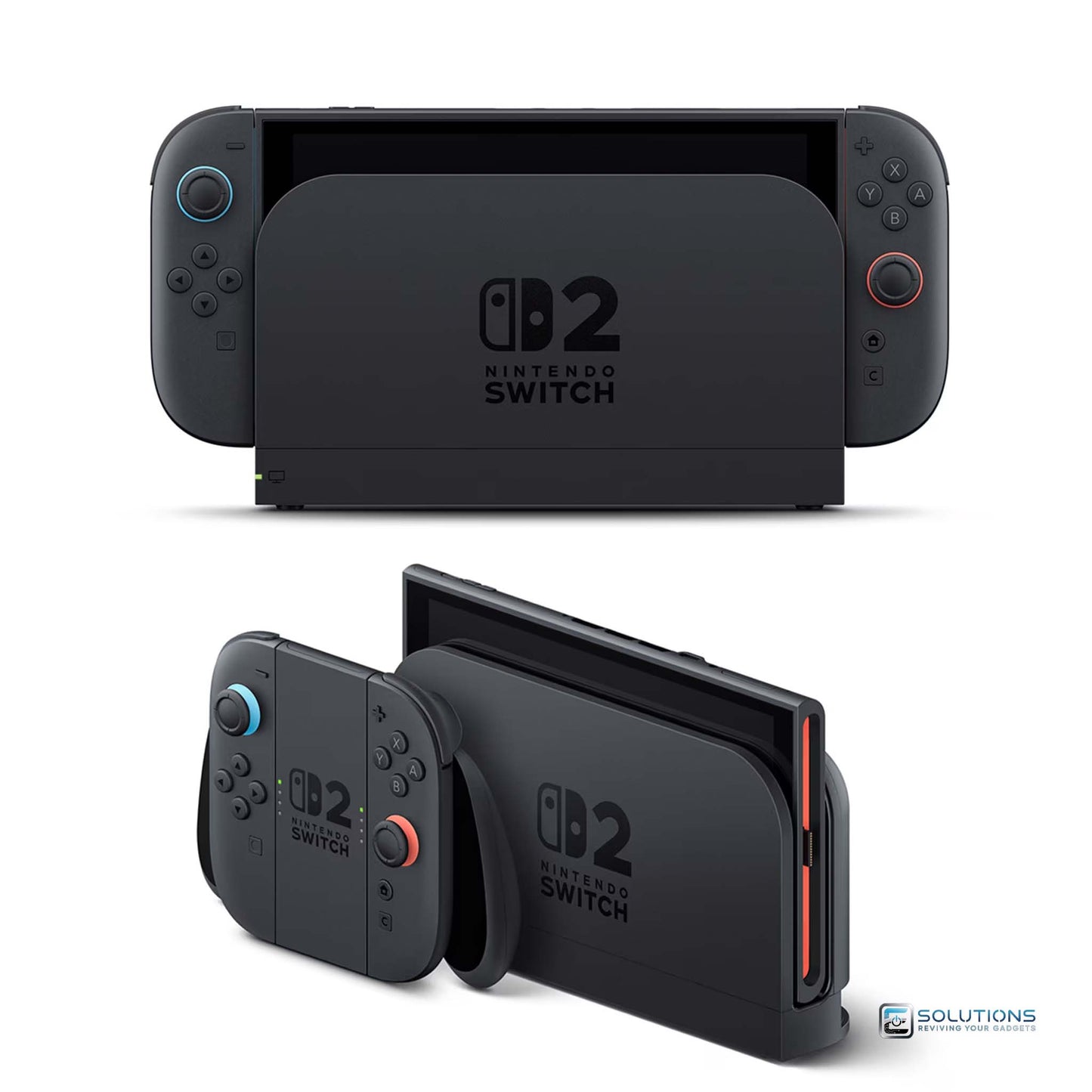 Nintendo Switch V2 — console with Joy-Con controllers attached while placed in charging dock, and also console charging in dock with Joy-Con controller standing separately
