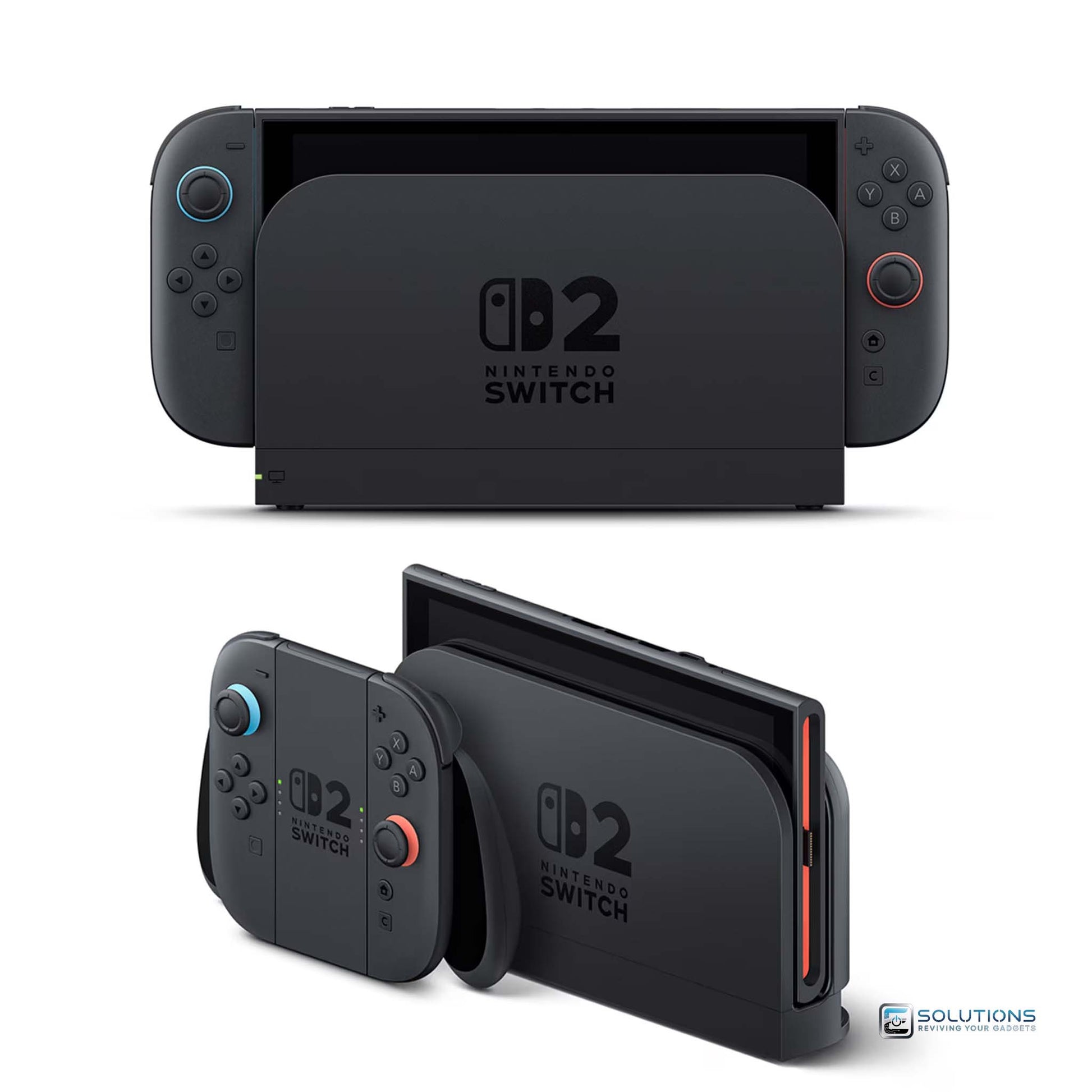 Nintendo Switch V2 — console with Joy-Con controllers attached while placed in charging dock, and also console charging in dock with Joy-Con controller standing separately