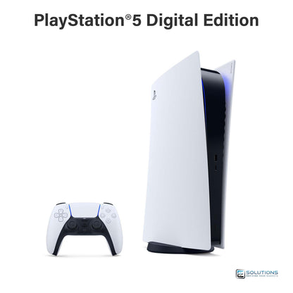 PlayStation 5 Digital Edition 825GB — slim vertical side view with wireless DualSense controller, console for wholesale and retail customers