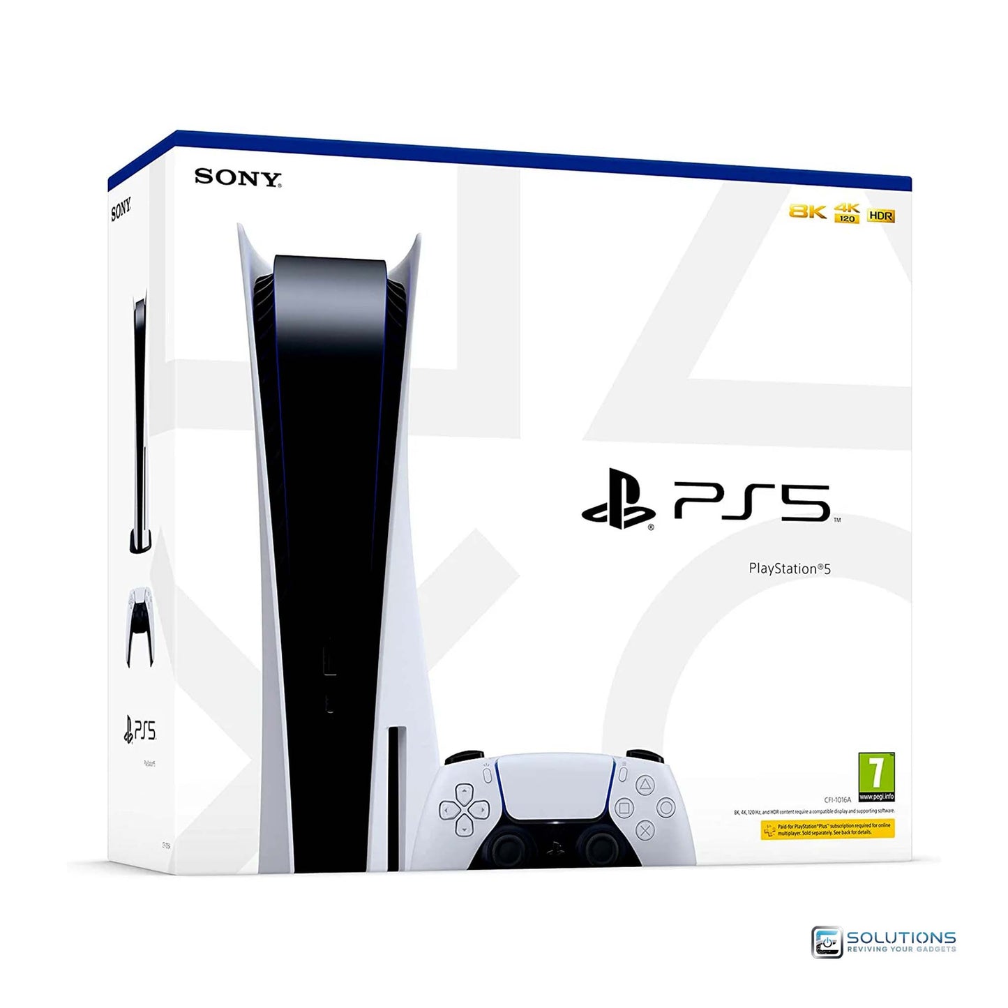 PlayStation 5 Disc Edition 825GB — side view of console alongside official retail packaging box, available for retail and wholesale buyers