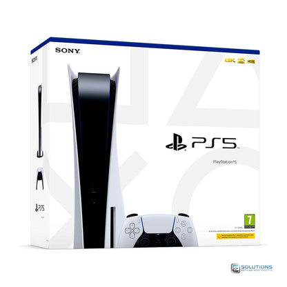 PlayStation 5 Disc Edition 825GB — side view of console alongside official retail packaging box, available for retail and wholesale buyers
