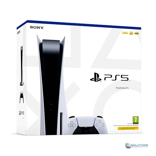 PlayStation 5 Disc Edition 825GB — side view of console alongside official retail packaging box, available for retail and wholesale buyers