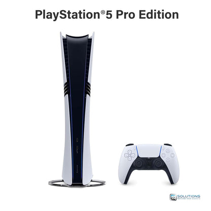 Sony PlayStation 5 Pro front view with DualSense controller — slim, disc‑less console with 2 TB storage, unlocked for retail and wholesale
