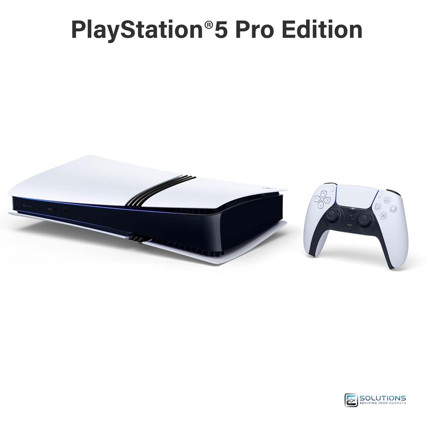 PlayStation 5 Pro laying flat with DualSense controller — horizontal view of console emphasizing compact design and included controller