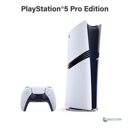 PlayStation 5 Pro side profile with DualSense controller — sleek all‑digital console, available for retail and wholesale