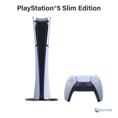 PlayStation 5 Slim Digital Edition 1TB — alternate front angle with DualSense controller, slim digital console offered for wholesale and retail customers