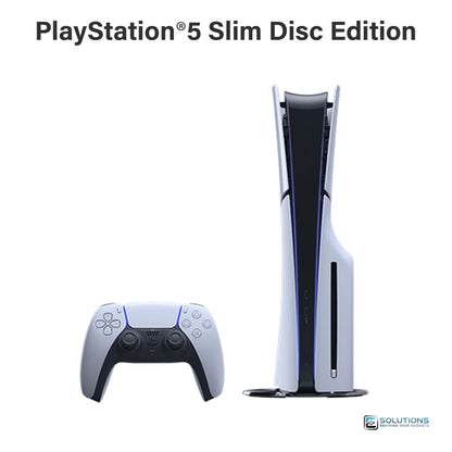PlayStation 5 Slim Disc Edition 1TB — alternate front shot with DualSense controller, slim console for wholesale and retail customers