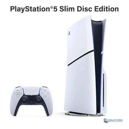 PlayStation 5 Slim Disc Edition 1TB — side profile showing slim design with DualSense controller, available for retail and wholesale