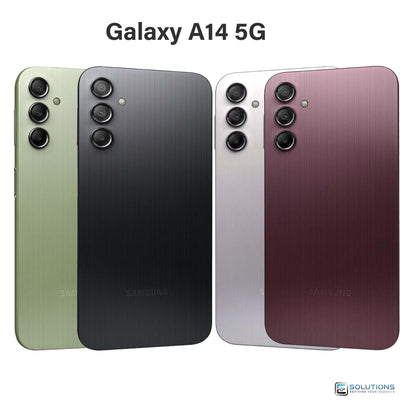 Samsung Galaxy A14 lineup in Black, Light Green, Silver, and Dark Red — unlocked budget smartphones for retail and wholesale with 64GB and 128GB storage