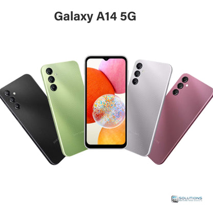 Samsung Galaxy A14 lineup in Black, Light Green, Silver, and Dark Red — unlocked budget smartphones for retail and wholesale with 64GB and 128GB storage