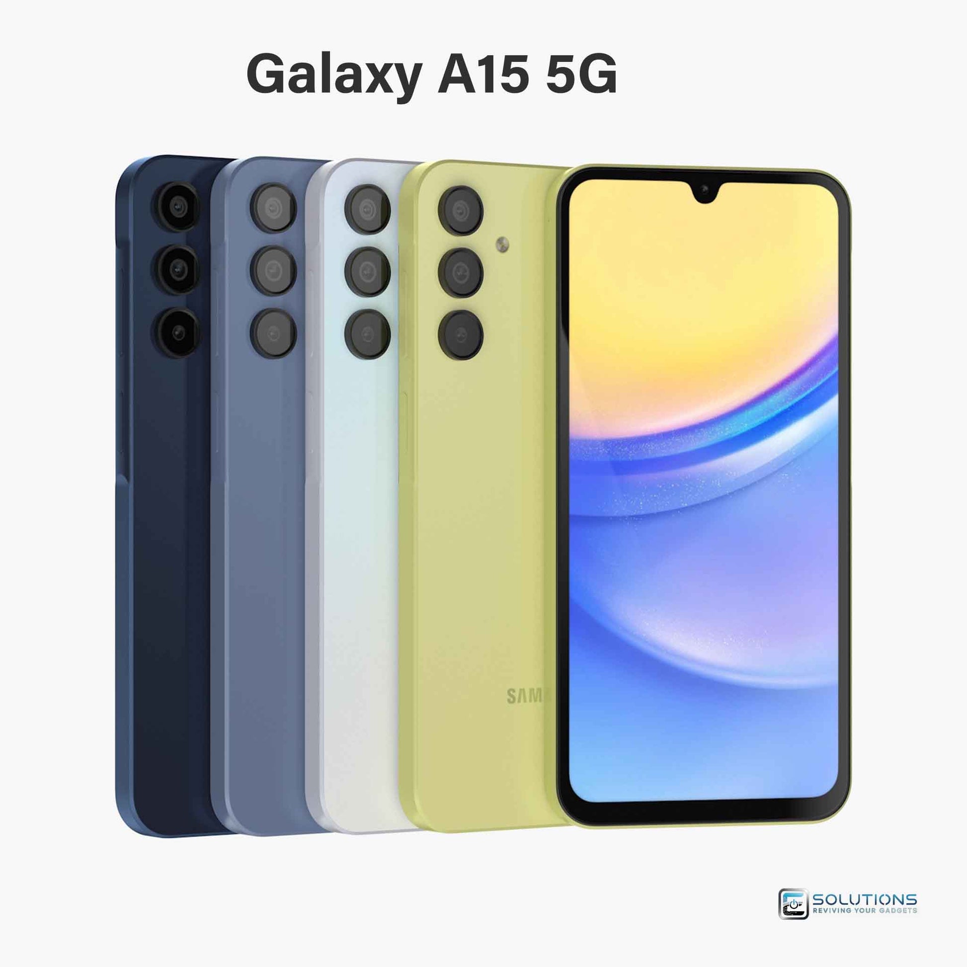 Samsung Galaxy A15 lineup in Blue Black, Blue, Light Blue, and Yellow — unlocked budget smartphones for retail and wholesale with 128GB and 64GB storage