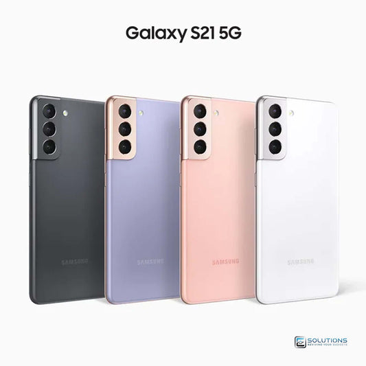 Samsung Galaxy S21 lineup showing all colors – available in 128GB, and 256GB unlocked models for sale and wholesale in the USA