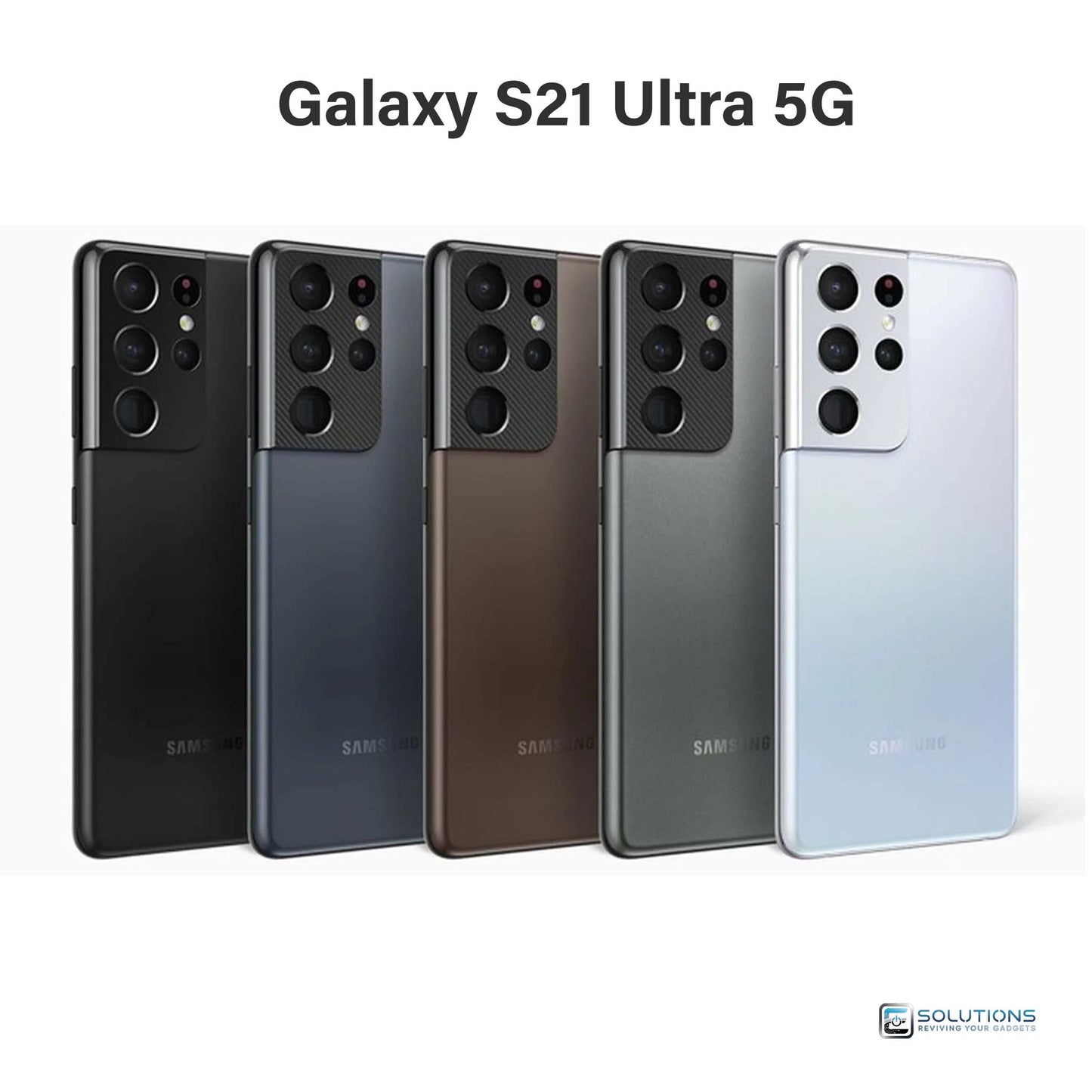 Samsung Galaxy S21 Ultra lineup in Phantom Black, Silver, Titanium, Navy, and Brown — unlocked smartphone available for retail and wholesale with 128GB, 256GB, and 512GB storage options
