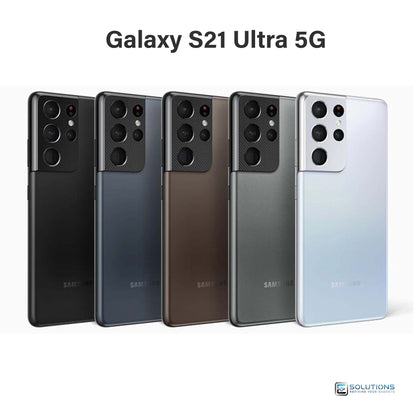 Samsung Galaxy S21 Ultra lineup in Phantom Black, Silver, Titanium, Navy, and Brown — unlocked smartphone available for retail and wholesale with 128GB, 256GB, and 512GB storage options