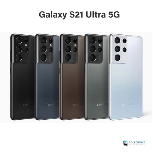 Samsung Galaxy S21 Ultra lineup in Phantom Black, Silver, Titanium, Navy, and Brown — unlocked smartphone available for retail and wholesale with 128GB, 256GB, and 512GB storage options