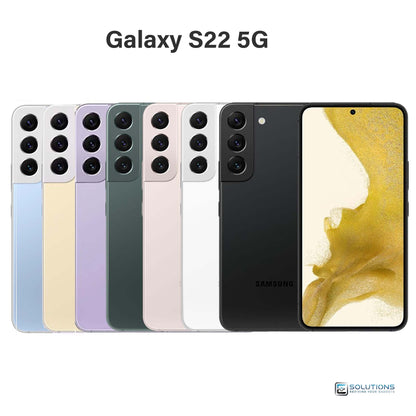 Samsung Galaxy S22 lineup showing Phantom Black, Phantom White, Green, Pink Gold, Graphite, Cream, Violet, and Sky Blue — unlocked Android smartphones for retail and wholesale in 128GB and 256GB