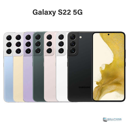 Samsung Galaxy S22 lineup showing Phantom Black, Phantom White, Green, Pink Gold, Graphite, Cream, Violet, and Sky Blue — unlocked Android smartphones for retail and wholesale in 128GB and 256GB