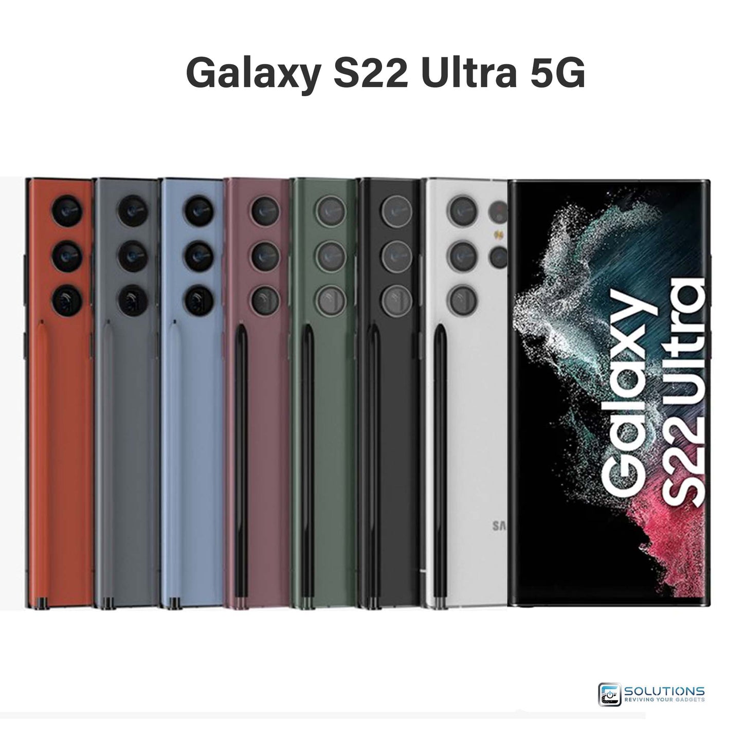 Samsung Galaxy S22 Ultra lineup in Phantom Black, Phantom White, Green, Burgundy, Graphite, Red, Sky Blue, and Bora Purple — unlocked flagship smartphones for retail and wholesale, available in 128GB, 256GB, 512GB and 1TB storage