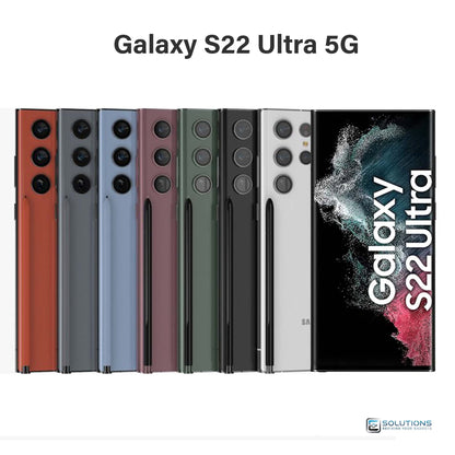 Samsung Galaxy S22 Ultra lineup in Phantom Black, Phantom White, Green, Burgundy, Graphite, Red, Sky Blue, and Bora Purple — unlocked flagship smartphones for retail and wholesale, available in 128GB, 256GB, 512GB and 1TB storage