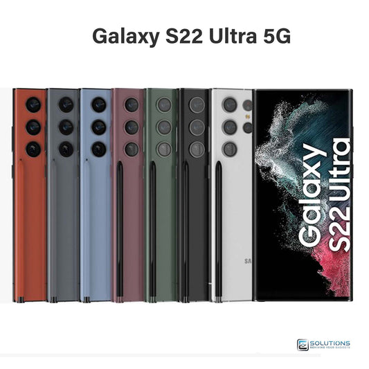 Samsung Galaxy S22 Ultra lineup in Phantom Black, Phantom White, Green, Burgundy, Graphite, Red, Sky Blue, and Bora Purple — unlocked flagship smartphones for retail and wholesale, available in 128GB, 256GB, 512GB and 1TB storage
