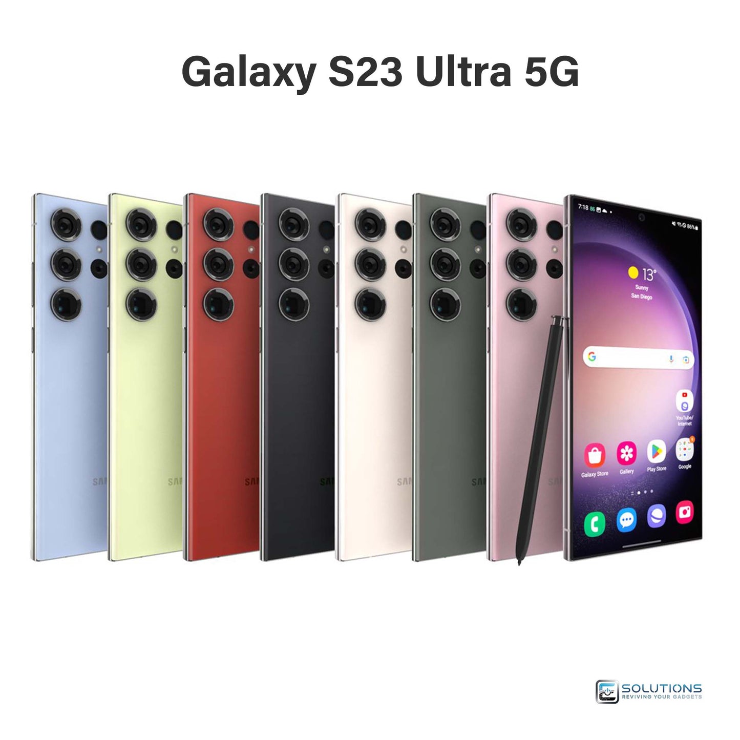 Samsung Galaxy S23 Ultra lineup in Phantom Black, Cream, Green, Lavender, Graphite, Lime, Sky Blue, and Red — unlocked flagship phones available for retail and wholesale with 256GB, 512GB, or 1TB storage