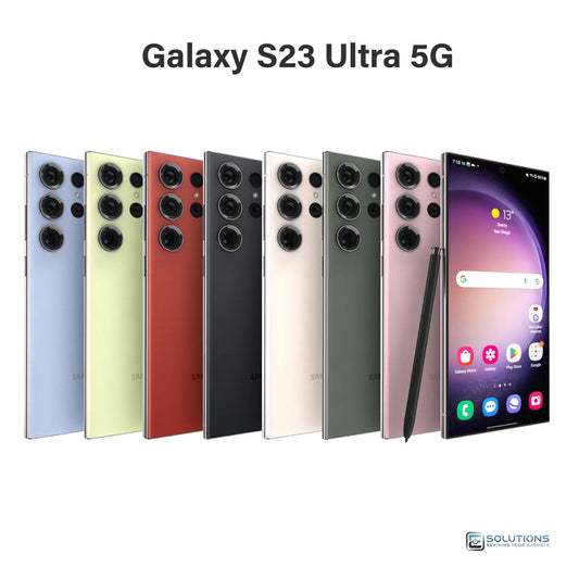 Samsung Galaxy S23 Ultra lineup in Phantom Black, Cream, Green, Lavender, Graphite, Lime, Sky Blue, and Red — unlocked flagship phones available for retail and wholesale with 256GB, 512GB, or 1TB storage