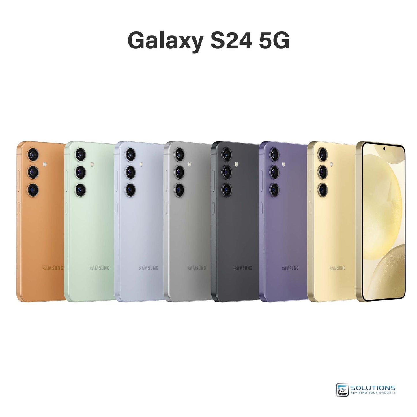 Samsung Galaxy S24 lineup in Onyx Black, Marble Gray, Cobalt Violet, Amber Yellow, Jade Green, Sapphire Blue, and Sandstone Orange — unlocked smartphones for wholesale and retail in 128GB and 256GB storage