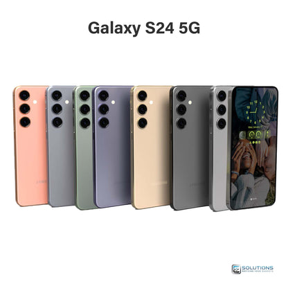 Samsung Galaxy S24 lineup in Onyx Black, Marble Gray, Cobalt Violet, Amber Yellow, Jade Green, Sapphire Blue, and Sandstone Orange — unlocked smartphones for wholesale and retail in 128GB and 256GB storage