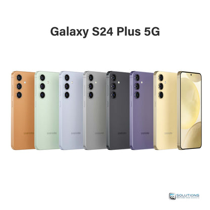 Samsung Galaxy S24 Plus lineup in Onyx Black, Marble Gray, Cobalt Violet, Amber Yellow, Jade Green, Sapphire Blue, and Sandstone Orange — unlocked phones for retail and wholesale in 256 GB and 512 GB storage