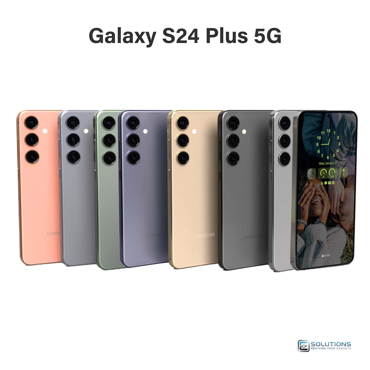 Samsung Galaxy S24 Plus lineup in Onyx Black, Marble Gray, Cobalt Violet, Amber Yellow, Jade Green, Sapphire Blue, and Sandstone Orange — unlocked phones for retail and wholesale in 256 GB and 512 GB storage