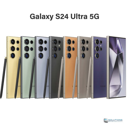 Samsung Galaxy S24 Ultra lineup in Titanium Black, Titanium Gray, Titanium Violet, Titanium Yellow, Titanium Green, Titanium Blue, and Titanium Orange — unlocked flagship phones for retail and wholesale, available in 256 GB, 512 GB, and 1 TB storage