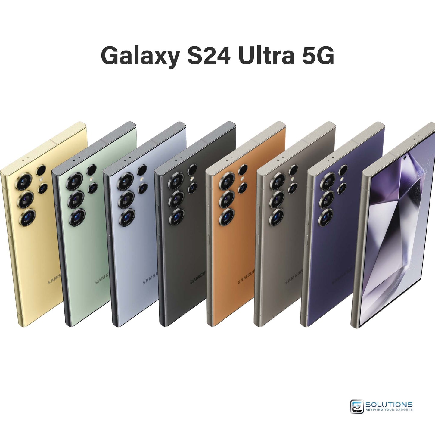 Samsung Galaxy S24 Ultra lineup in Titanium Black, Titanium Gray, Titanium Violet, Titanium Yellow, Titanium Green, Titanium Blue, and Titanium Orange — unlocked flagship phones for retail and wholesale, available in 256 GB, 512 GB, and 1 TB storage