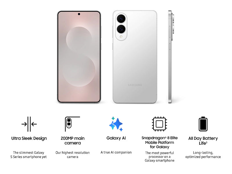 Samsung Galaxy S25 Edge Titanium Silver — elegant titanium finish, 200MP Main Camera, Galaxy AI, Snapdragon 8 Elite, All Day Battery Life,  unlocked smartphone, offered in 256 GB and 512 GB