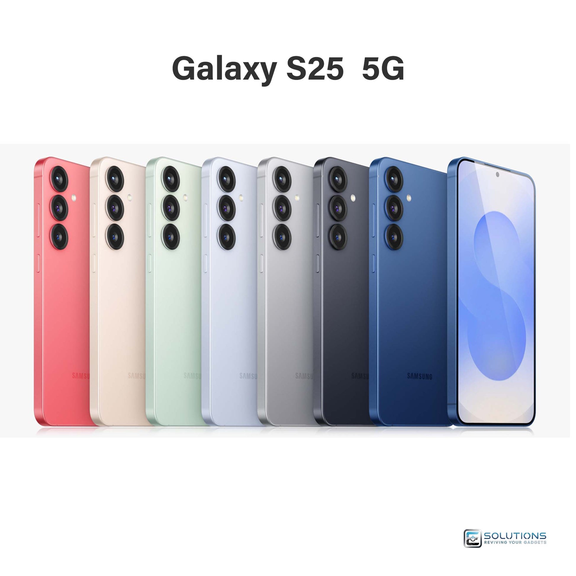 Samsung Galaxy S25 lineup in Navy, Mint, Icy Blue, Silver Shadow, Blueblack, Coral Red, and Pink Gold — unlocked smartphones for retail and wholesale with 128GB and 256GB storage options