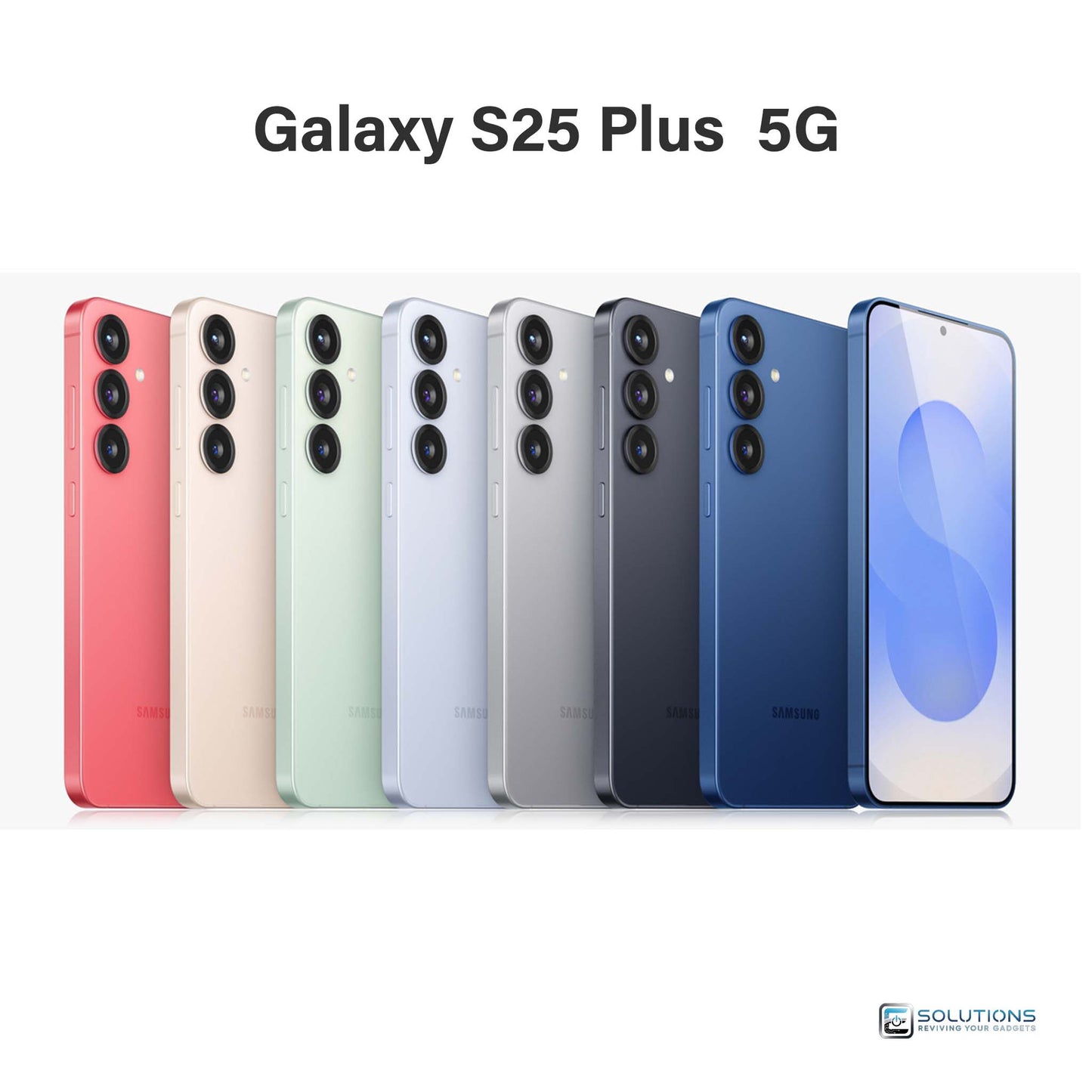 Samsung Galaxy S25 Plus lineup in Navy, Mint, Icy Blue, Silver Shadow, Blueblack, Coral Red, and Pink Gold — unlocked smartphones for retail and wholesale, available with 256GB or 512GB storage