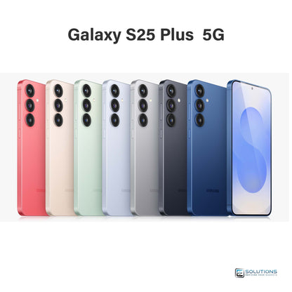 Samsung Galaxy S25 Plus lineup in Navy, Mint, Icy Blue, Silver Shadow, Blueblack, Coral Red, and Pink Gold — unlocked smartphones for retail and wholesale, available with 256GB or 512GB storage