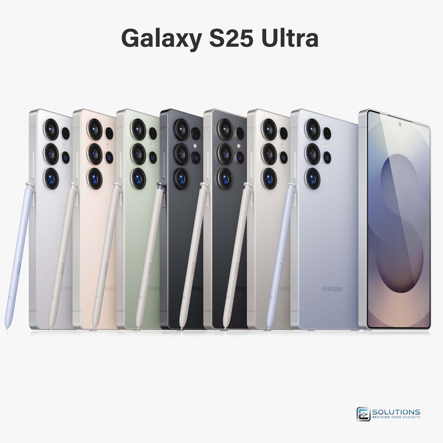 Samsung Galaxy S25 Ultra lineup in Titanium Silverblue, Titanium Whitesilver, Titanium Gray, Titanium Black, Titanium Jadegreen, Titanium Jetblack, and Titanium Pinkgold — unlocked premium phones for retail and wholesale with 256GB, 512GB, and 1TB storage