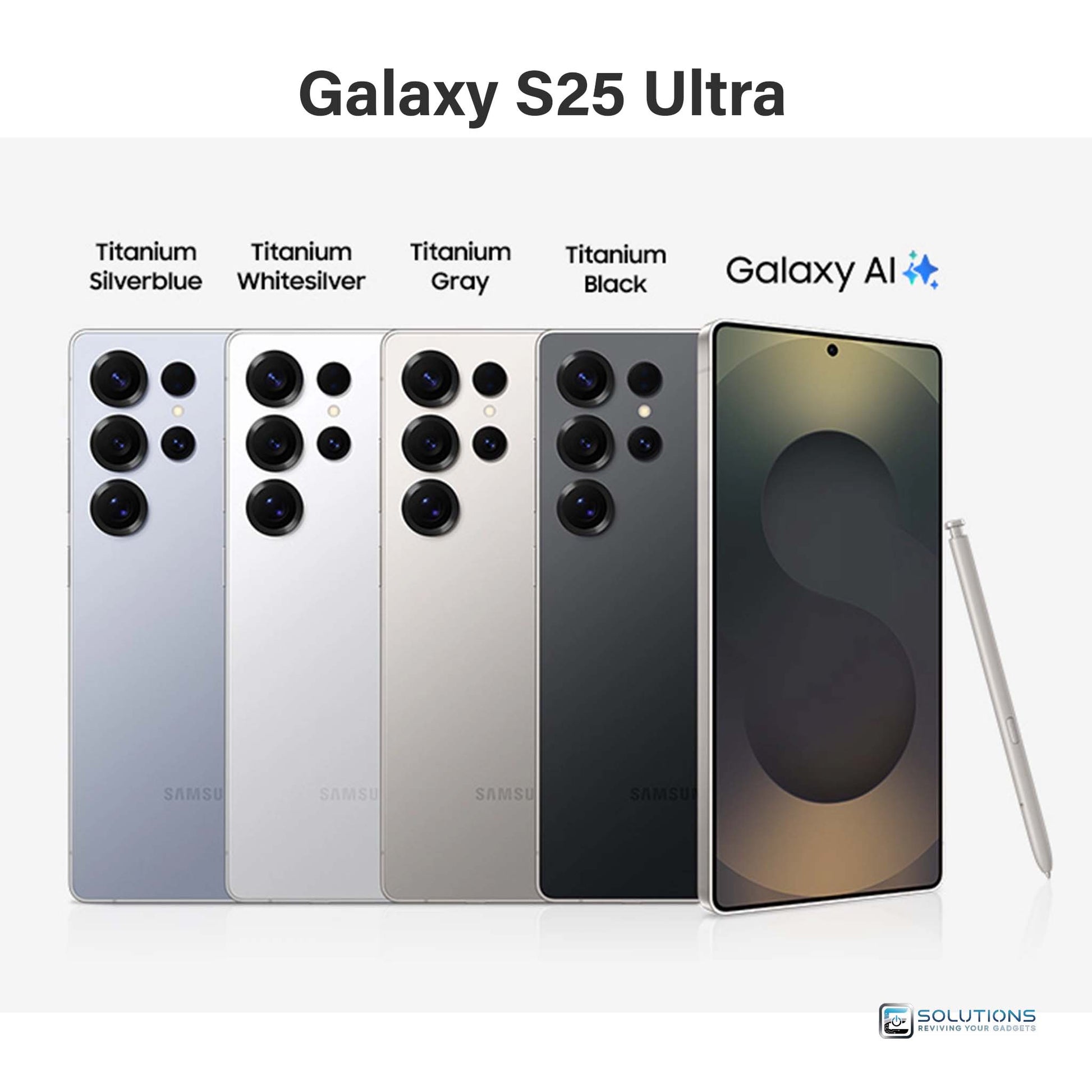 Samsung Galaxy S25 Ultra lineup in Titanium Silverblue, Titanium Whitesilver, Titanium Gray, Titanium Black, Titanium Jadegreen, Titanium Jetblack, and Titanium Pinkgold — unlocked premium phones for retail and wholesale with 256GB, 512GB, and 1TB storage