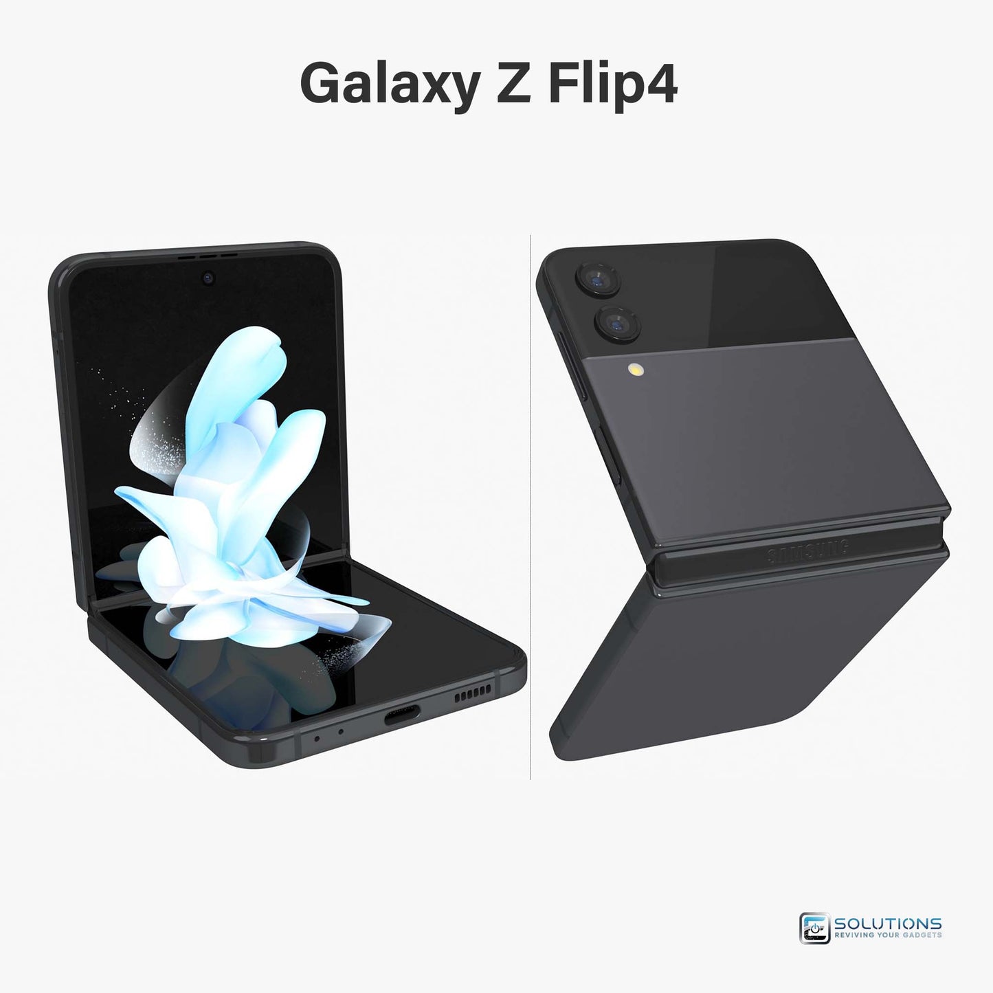 Samsung Galaxy Z Flip 4 Graphite — elegant neutral finish, factory unlocked, offered in 128GB, 256GB, 512GB