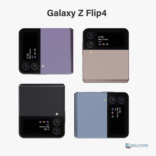 Samsung Galaxy Z Flip 4 lineup in Bora Purple, Graphite, Pink Gold, Blue, Yellow, Red, White, and Navy — unlocked flip phones for retail and wholesale in 128GB, 256GB, and 512GB