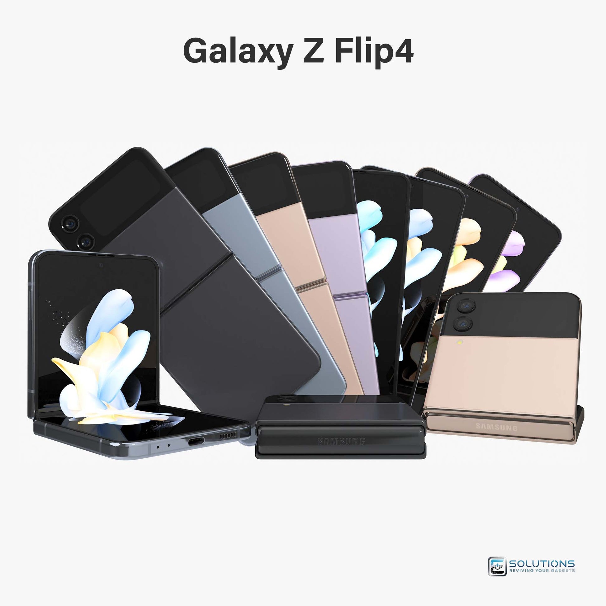 Samsung Galaxy Z Flip 4 lineup in Bora Purple, Graphite, Pink Gold, Blue, Yellow, Red, White, and Navy — unlocked flip phones for retail and wholesale in 128GB, 256GB, and 512GB